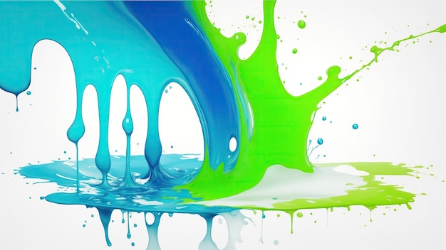 Жидкий зеленый и синий брызг Цветная капля на белом абстрактном фоне