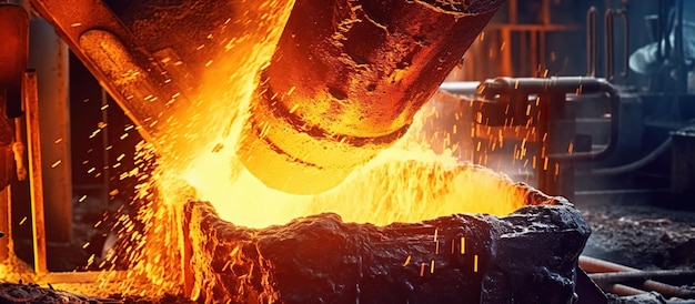 Photo liquid iron molten metal pouring in container