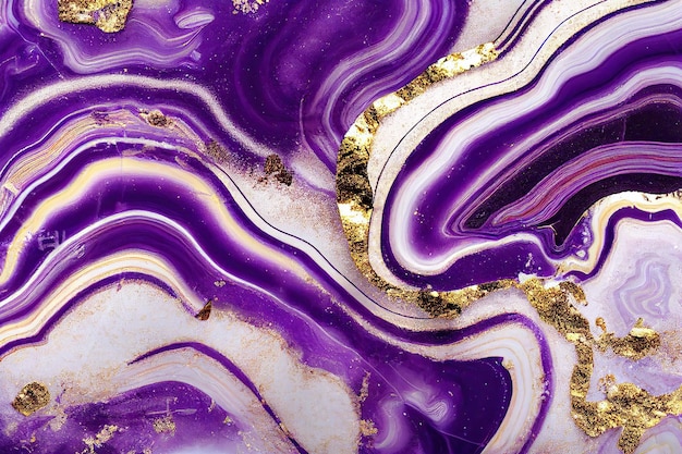 Liquid marble purple and gold veins texture background