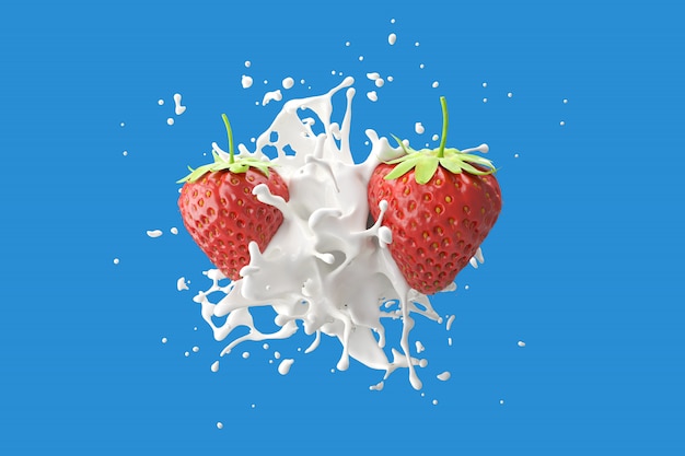 Liquid milk cream with strawberry fruit on blue background 3d render