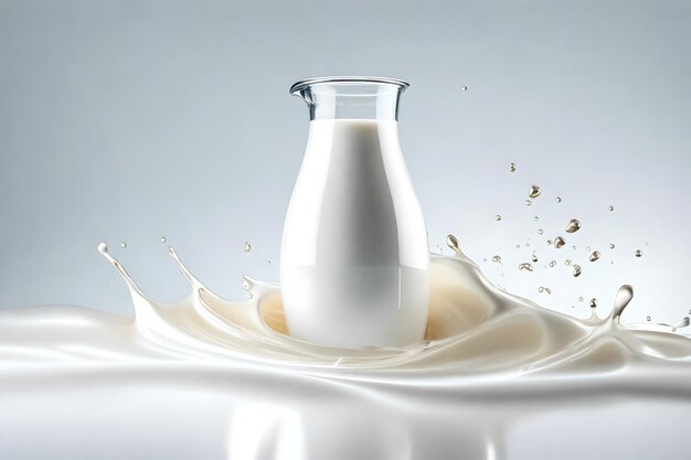 컵 초콜릿과 흩어진 방울이 있는 액체 우유