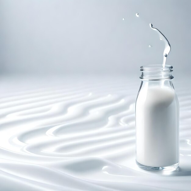 Photo liquid milk with a cup chocolate and scattered drops