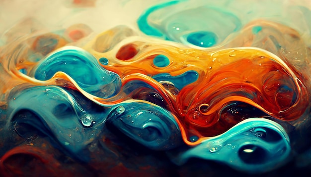 Liquid paint abstract background Colorful cyan orange thick paint art realistic illustration closeup