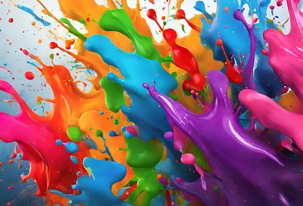 Liquid paint in rainbow colors with splashes