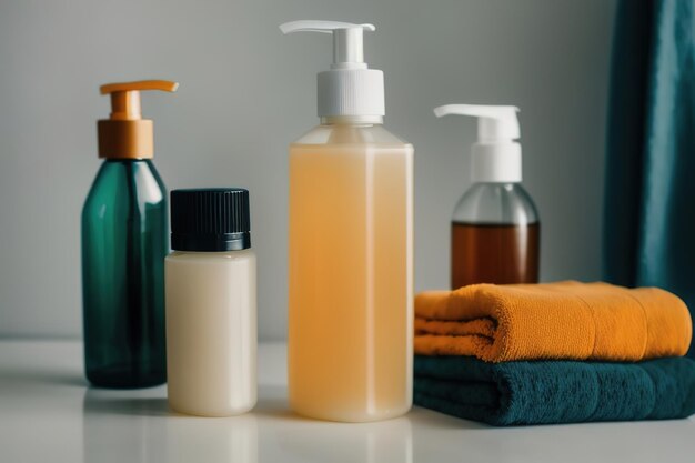 Liquid soap and shampoo in the bathroom personal care and health products Generative AI