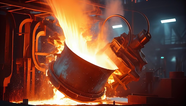 Liquid steel is poured from a metallurgical ladle