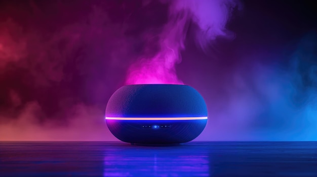 Liquidfilled humidifier emits colourful smoke on table