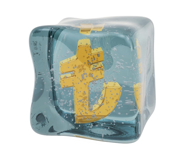 Lira symbol frozen in ice cube 3D rendering