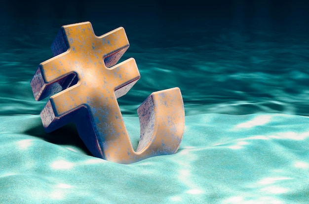 Lira symbol on ocean bottom underwater 3D rendering