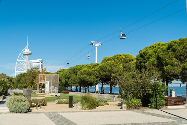 Lisbon Portugal 30 October 2017 Telecabines cable cars over Passeio das Tagides park and Tagus river at Park of Nations Parque das Nacoes