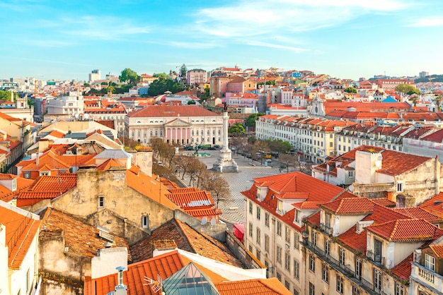 Lisbon, Portugal skyline view over Rossio Square from elevator Santa de Justa