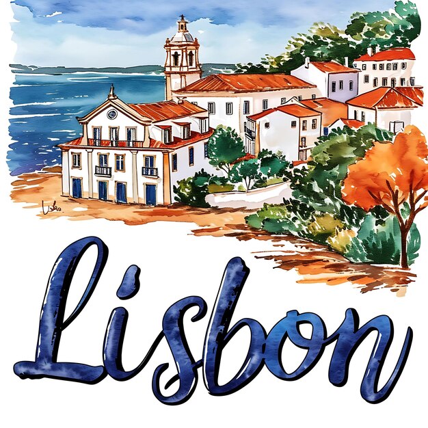 Lisbon Text With Hand Painted and Textured Typography Design Watercolor Lanscape Arts Collection