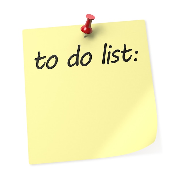 To Do List yellow sticky note with red push pin. 3D rendering.