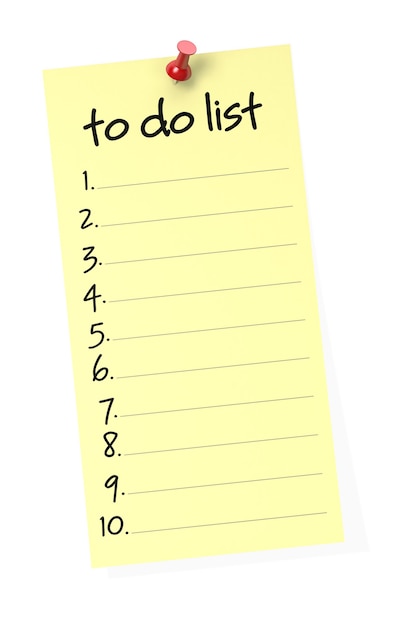 Photo to do list yellow sticky note with red push pin. 3d rendering.