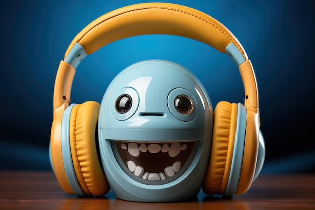 The Listen Music emoji depicts a blue face with eyes wearing headphones and a wide happy smile