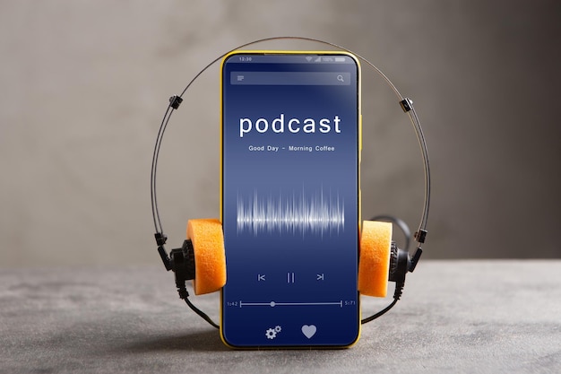 Photo listen podcast online concept online music player app on smartphone streaming service