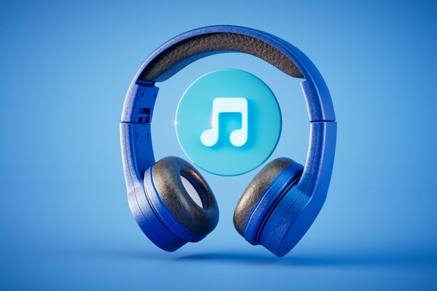 Listen to your favorite music with headphones headphones and a music icon on a blue background 3D render