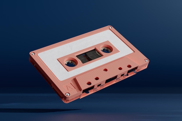 오디오 카세트 듣기 파란색 배경 3D 렌더링에서 오래된 빨간색 오디오 카세트