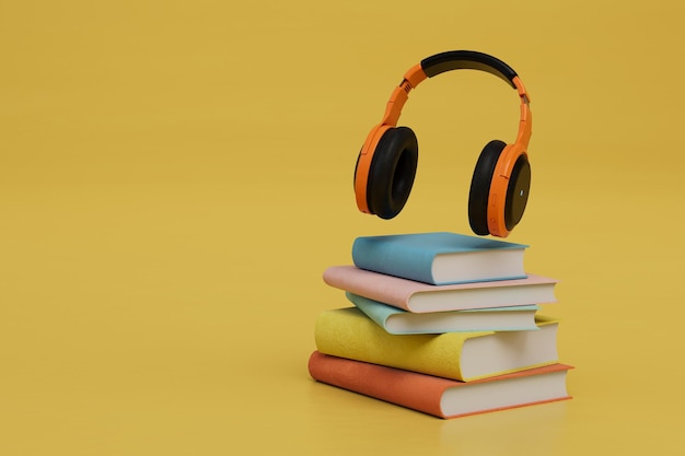 Listening to audiobooks books and headphones on a yellow background 3D render