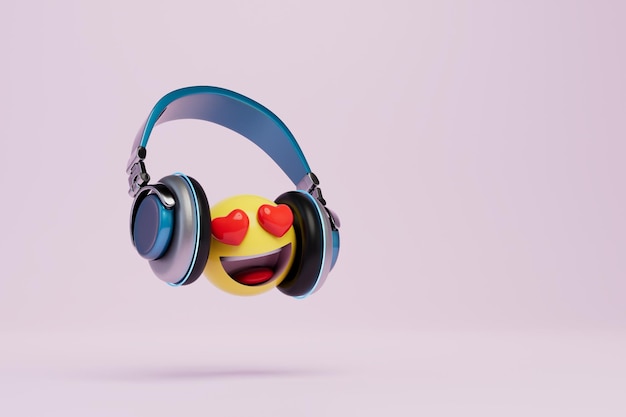 Listening to music in headphones a smiling smiley face with eyes with hearts in headphones 3D render