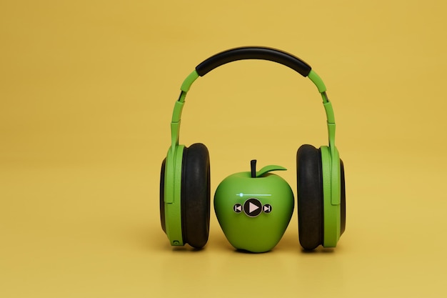 Photo listening to music while snacking on an apple headphones and apple with music track 3d render