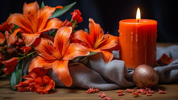 lit aroma red candle and orange flowers simple design