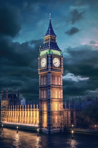 Lit big ben tower in london at night created using generative ai technology