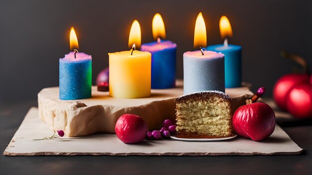 A lit cake with a slice of cake on top of it