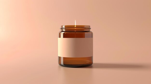 A lit candle in an amber glass jar with a blank label The candle is burning brightly and is surrounded by a warm glow