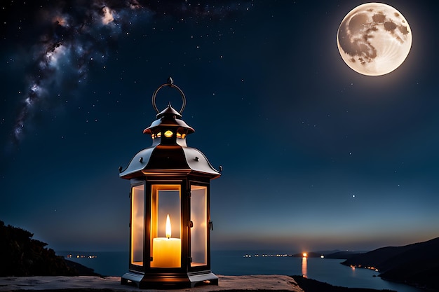 a lit candle on a beach with a full moon in the background