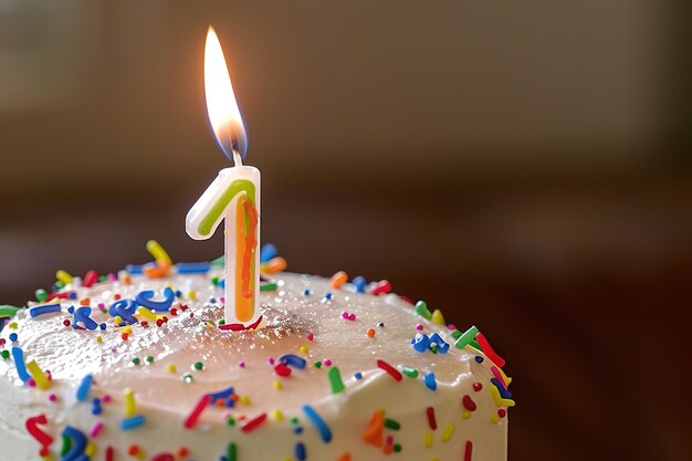 Lit candle on a birthday cake with colorful sprinkles celebrating first year