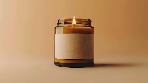 A lit candle in a brown glass jar with a blank label The candle is burning brightly and is surrounded by a soft warm glow