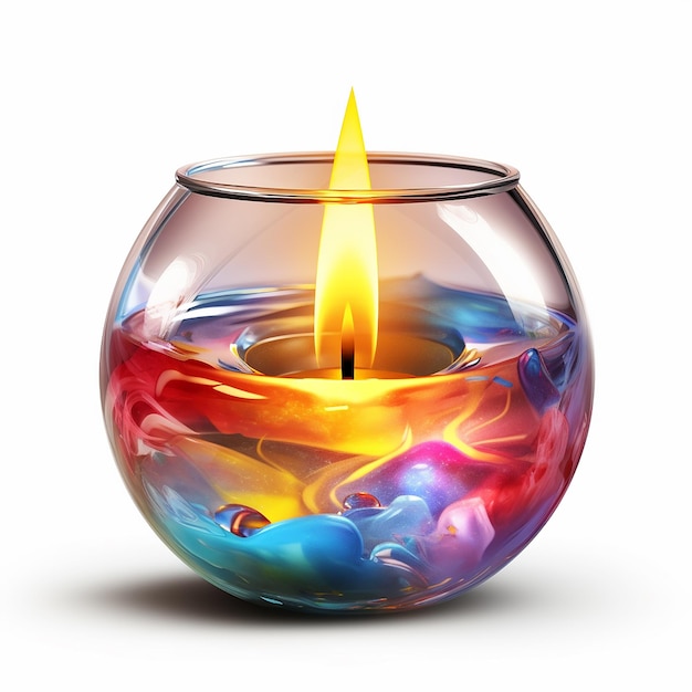 A lit candle in a glass bowl with a yellow flame.