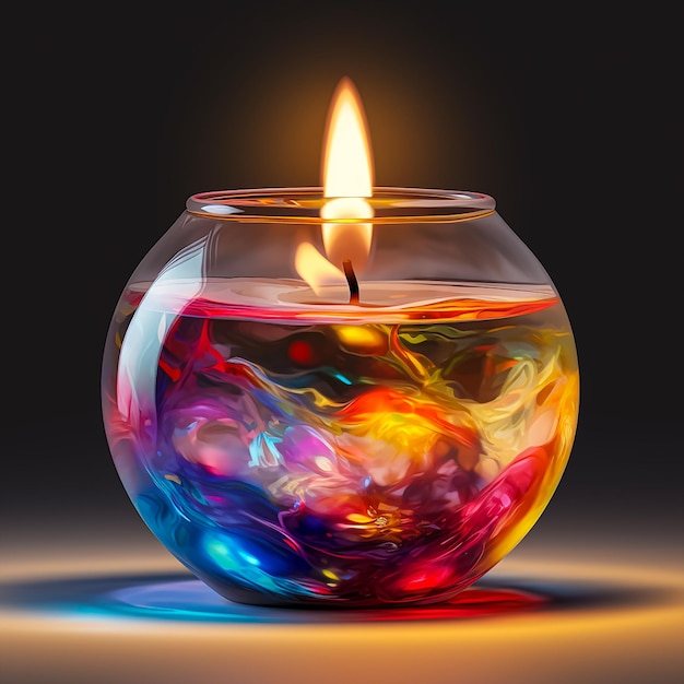 A lit candle in a glass jar with a yellow flame.