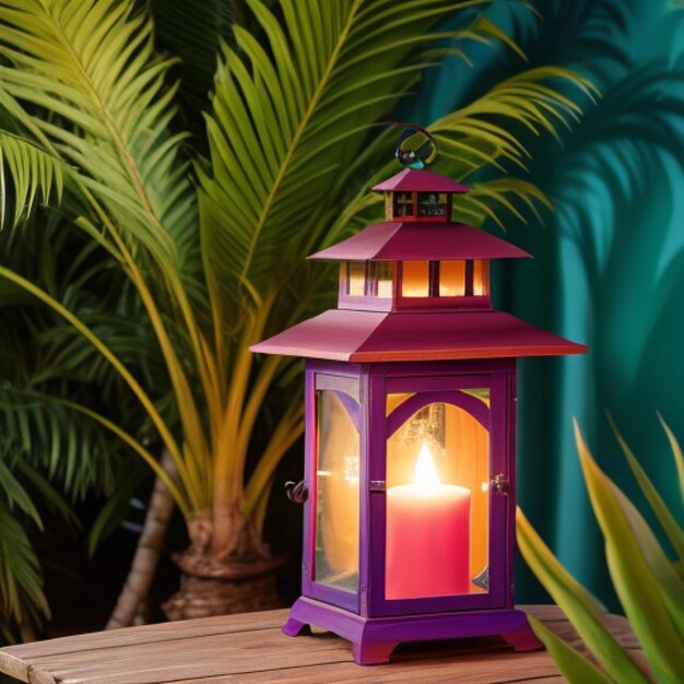 A lit candle illuminates a purple lantern resting on a wooden table