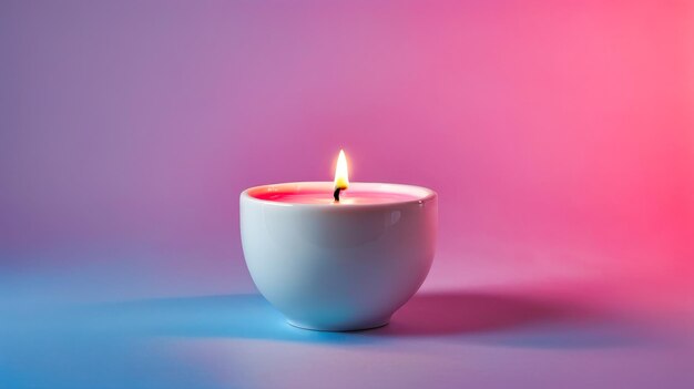 Lit candle inside white cup that is sitting on purple background