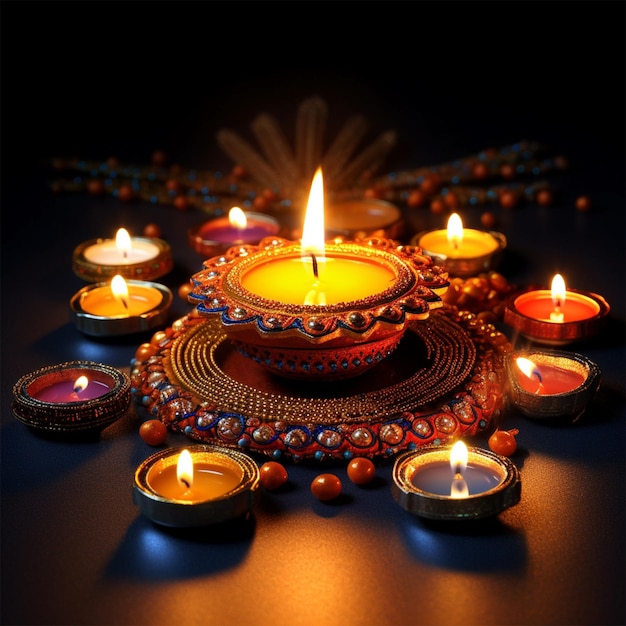 A lit candle is surrounded by other candles and the word diwali is on the bottom right.