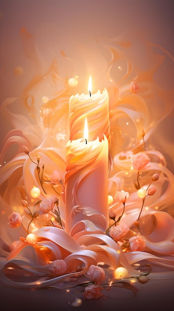 a lit candle surrounded by flowers and ribbons Illustration painting of a Candle