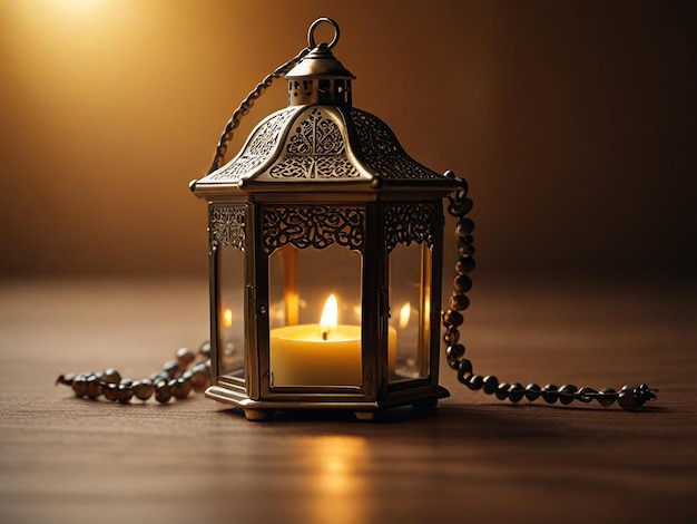 a lit candle on a table with a chain around it