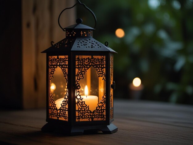 a lit candle on a table with a lit candle in the background