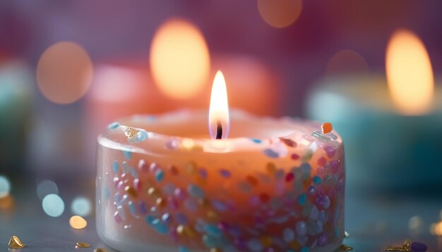 A lit candle with colorful sparkles in the middle