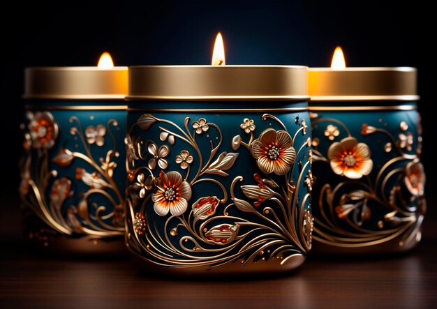 AI로 생성된 우아한 아르데코 스타일의 꽃무늬와 금색 장식으로 켜진 촛불