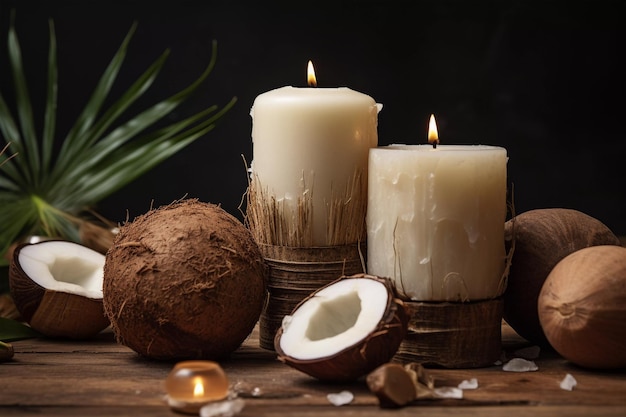 Foto candele accese per aromaterapia con fragranza di cocco