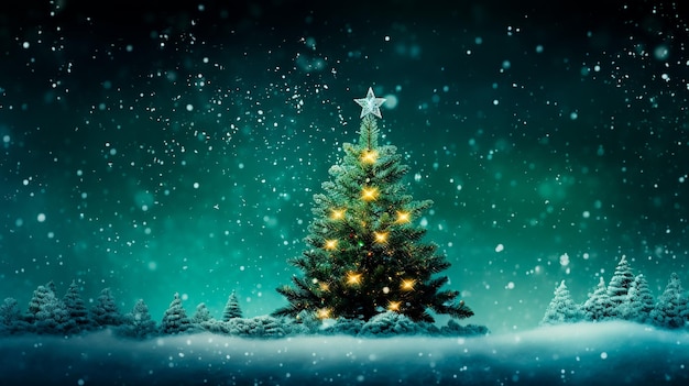 Lit Christmas tree in the snow with star on top of it Christmas postcard