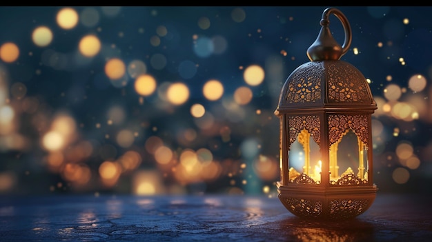 A lit lantern casts a warm glow on a surface with a sparkling bokeh effect in the backdrop