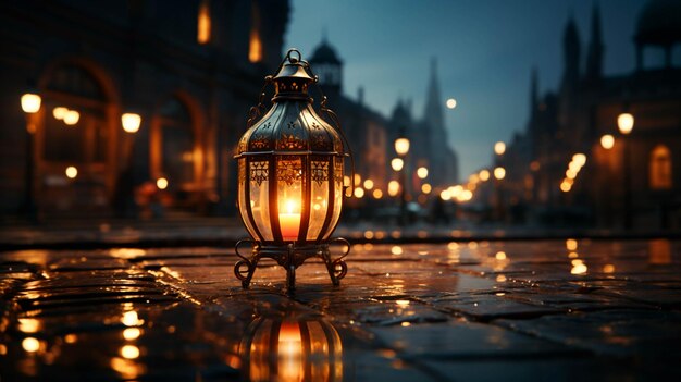 A lit lantern in front of a mosque