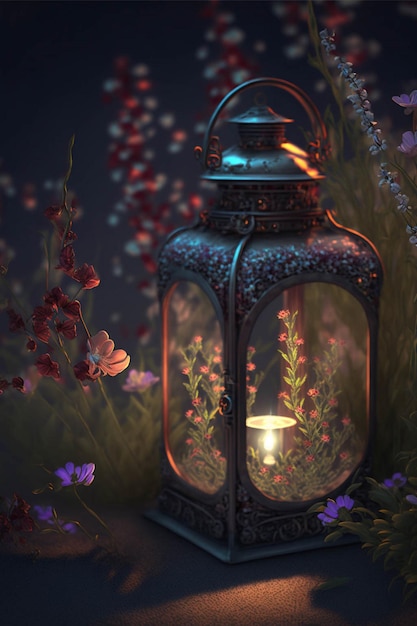 Lit lantern sitting in the middle of a field of flowers generative ai