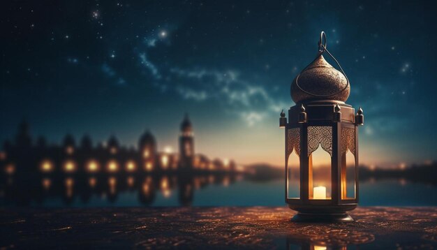 a lit lantern sitting on top of a table next to a body of water