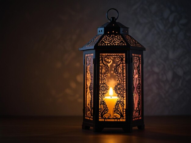 a lit lantern with a candle in the middle