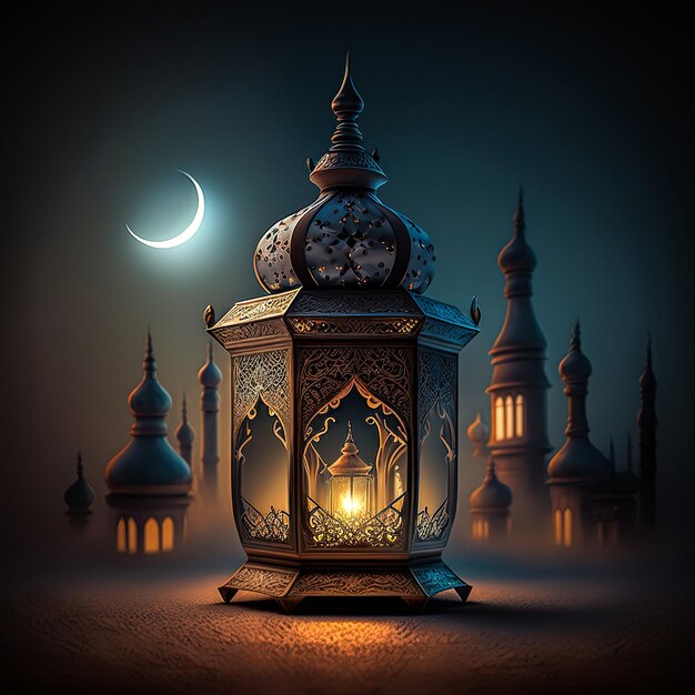 A lit lantern with a clock on it in front of a moon.